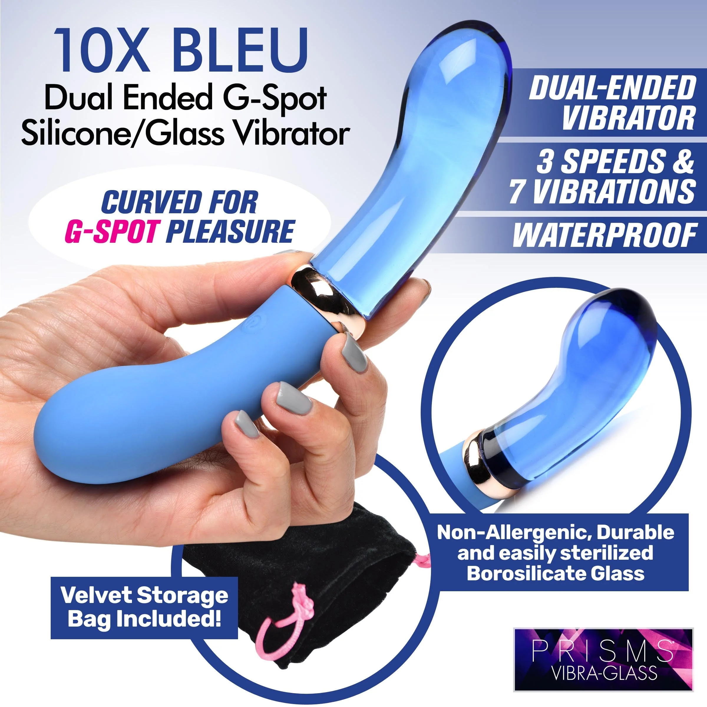 10X Bleu Dual Ended P-Spot Silicone and Glass Vibrator - Image 2