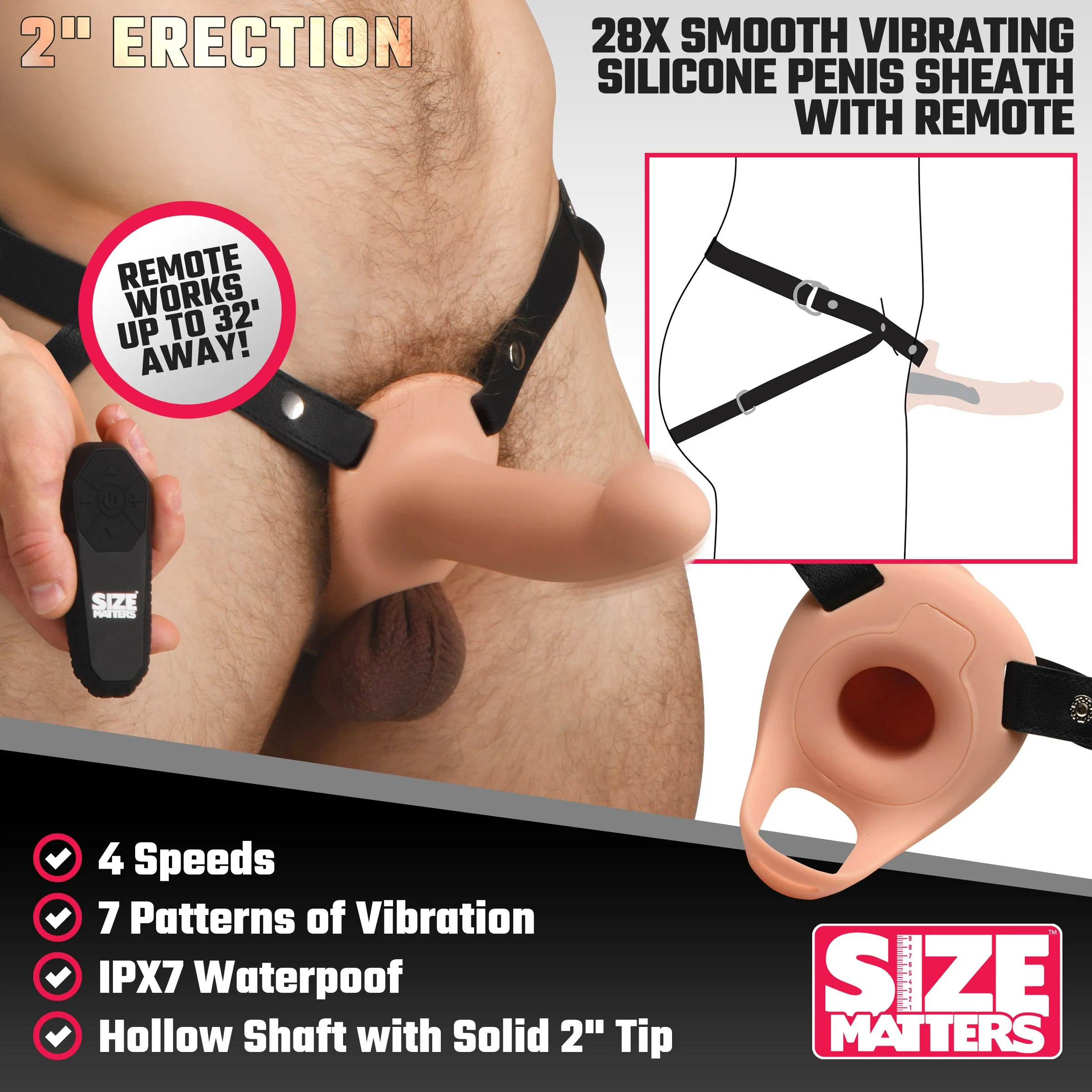 2 Inch Erection 28X Smooth Vibrating Silicone Penis Sheath with Remote - Image 10