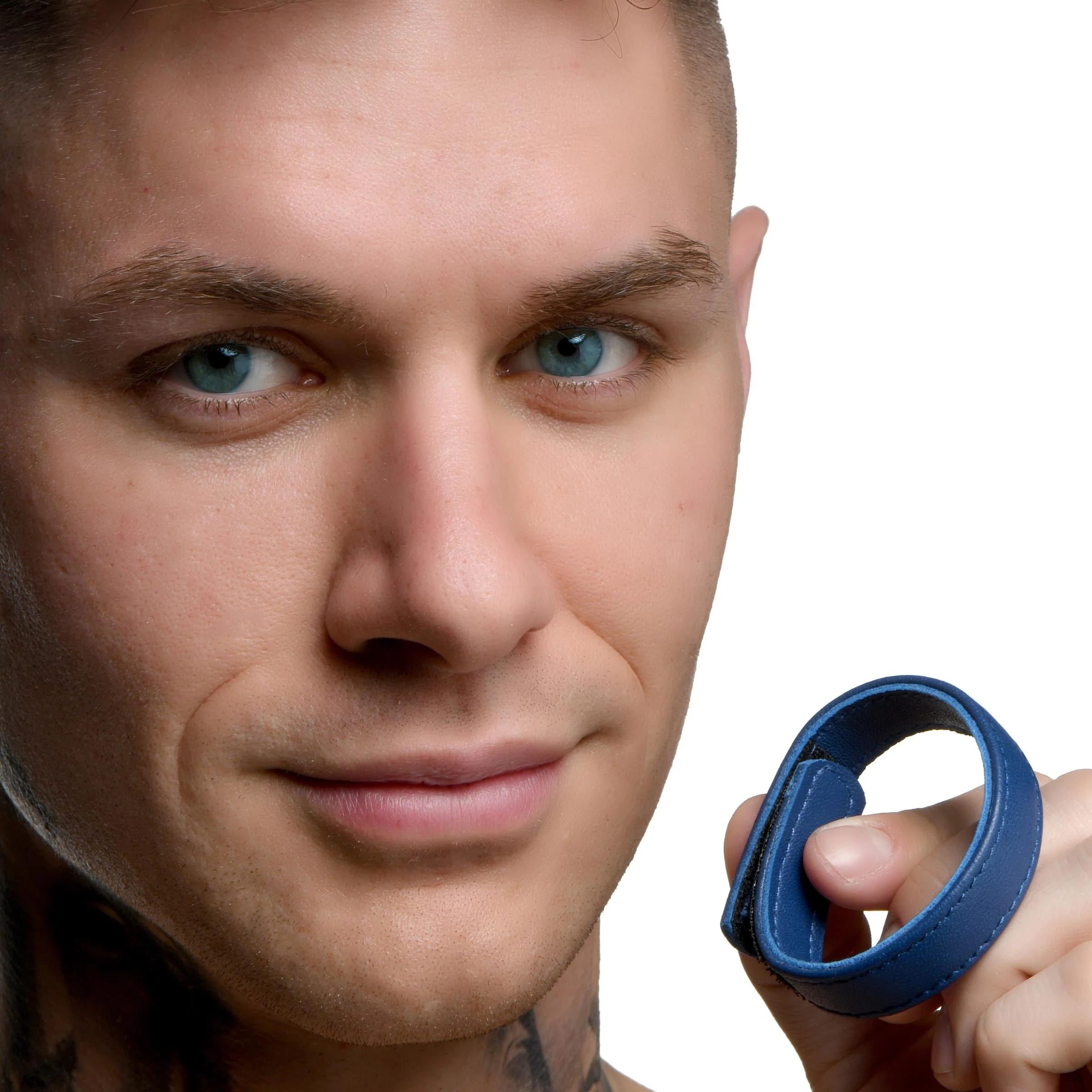 Blue Leather Cock Ring with Velcro - Image 2