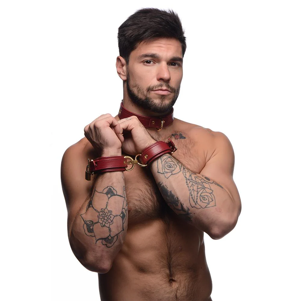 Burgundy Premium Leather Collar and Cuffs - Image 5