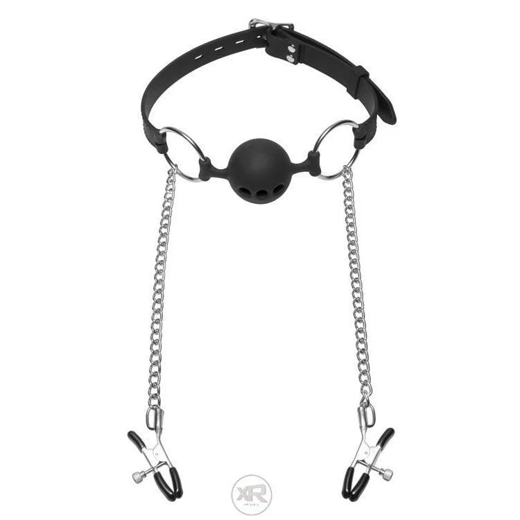 Hinder Breathable Silicone Ball Gag with Nipple Clamps - Image 4