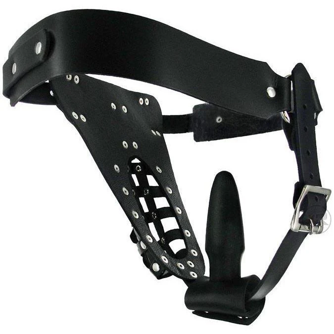 Leather Male Chastity Belt with Anal Plug Harness - Image 4